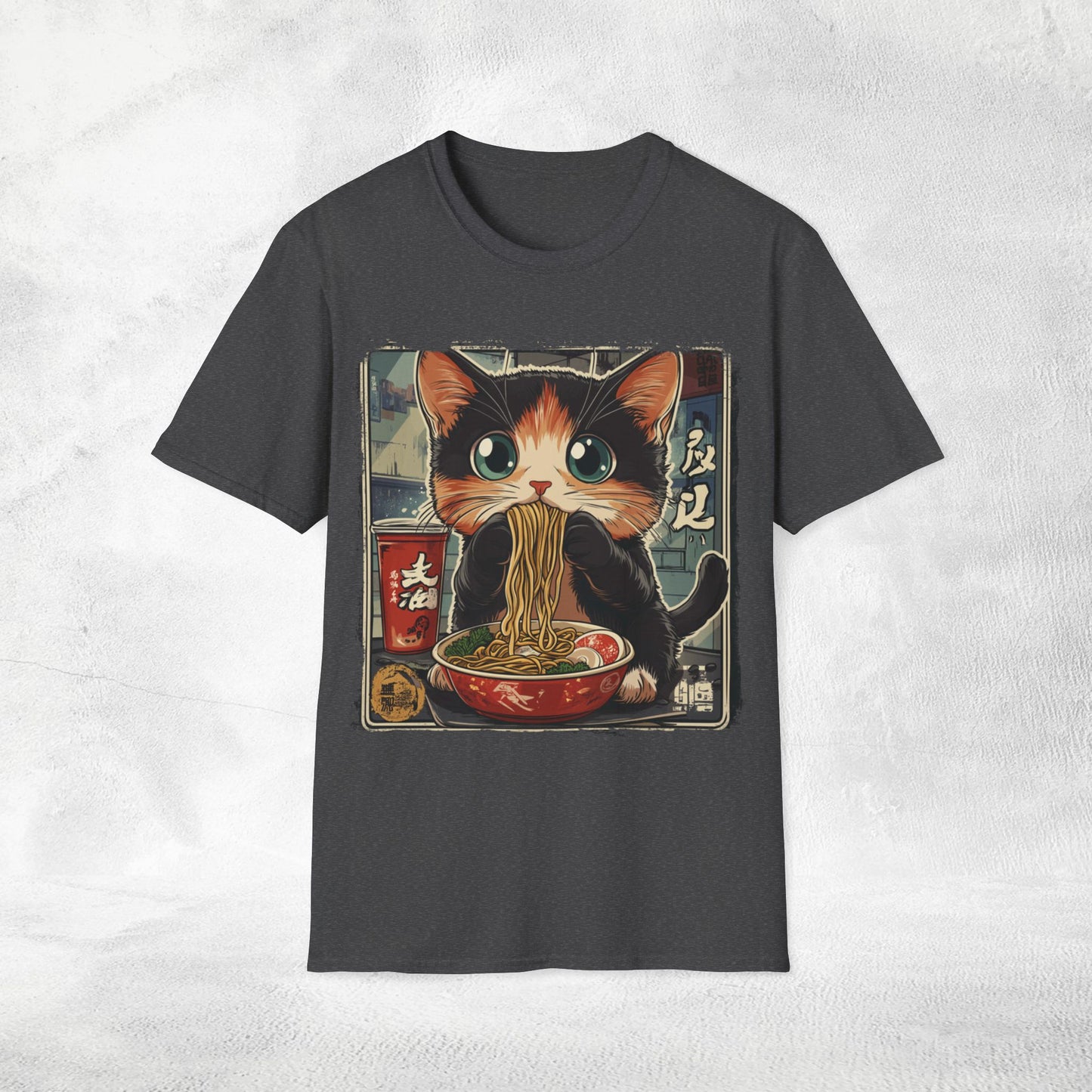 Unisex cat eats ramen / japanese restaurant