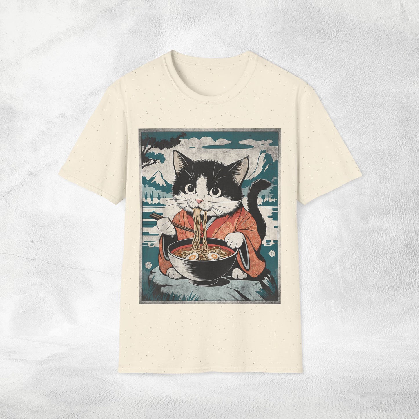 Unisex cat eats ramen / japanese restaurant