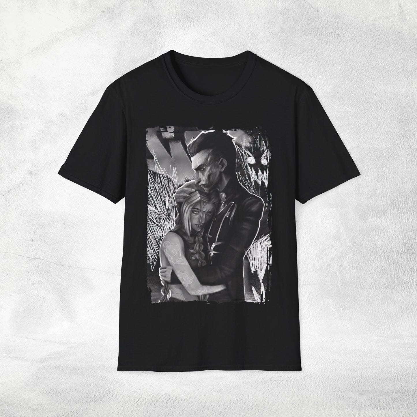 Unisex Gaming shirt Arcane Series LOL Jinx and Silco black &amp; white edition